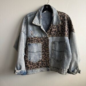 Denim Jean Jacket Distressed Leopard Long Sleeve Ripped - Small